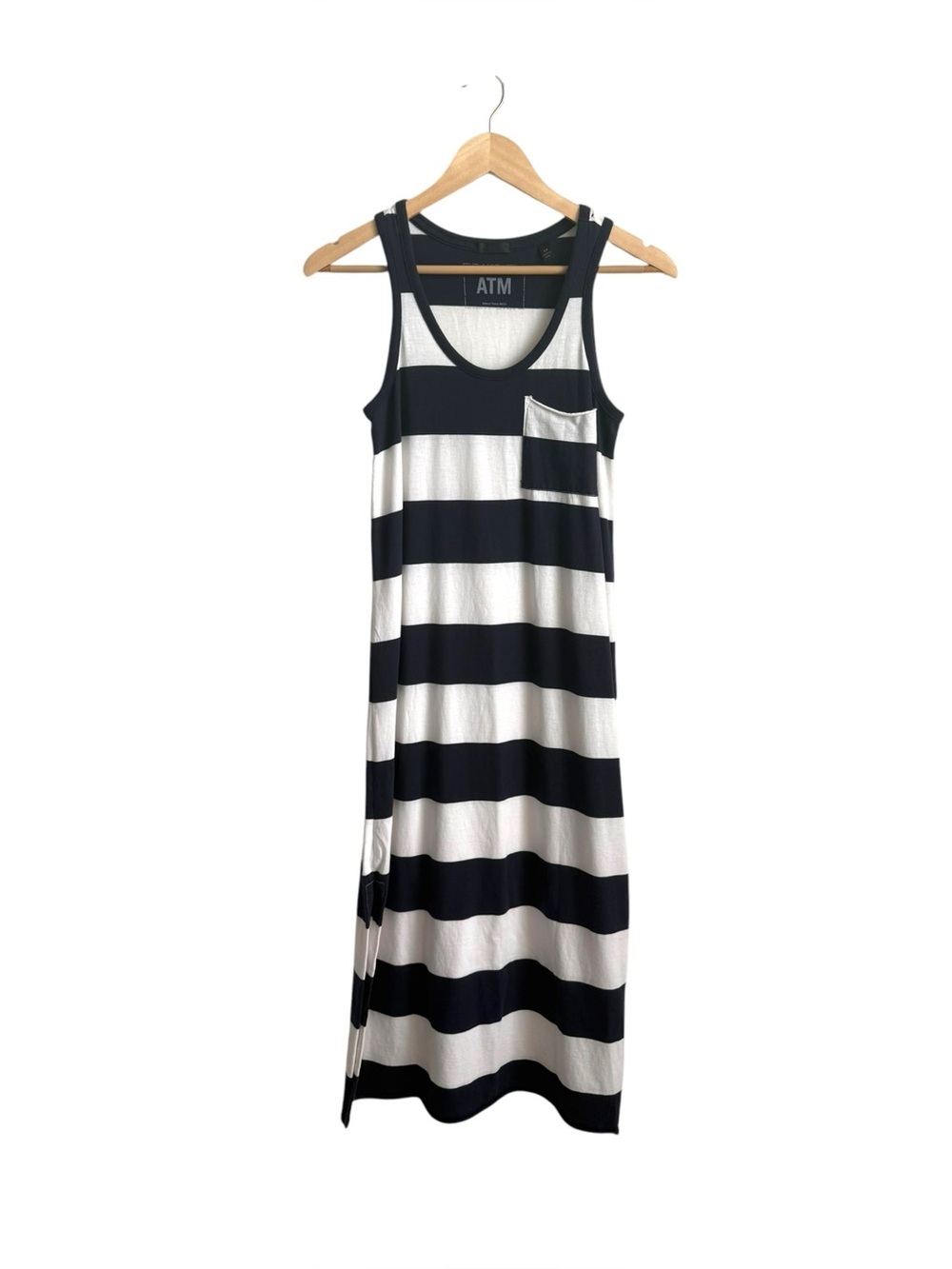 ATM Anthony Thomas Melillo S Pima Cotton Navy White Striped Midi Dress Slit